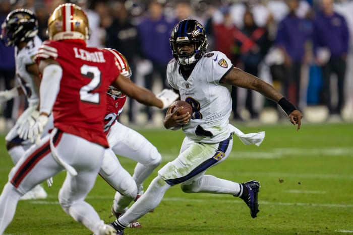 Lamar Jackson running for a first down vs. the San Francisco 49ers.